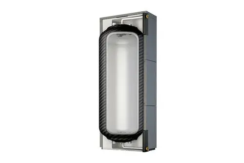 Pufferspeicher mit einem rechteckigen, schlanken Design aus grauem Material und einer transparenten Inhaltsanzeige, hergestellt von Roth.